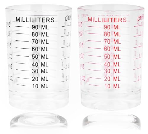 2 Stück Messbecher Cocktail Set 90ml - Glas für Küche, Bar, Party, Tequila, Wodka, Kaffee (Schwarz, Rot)
