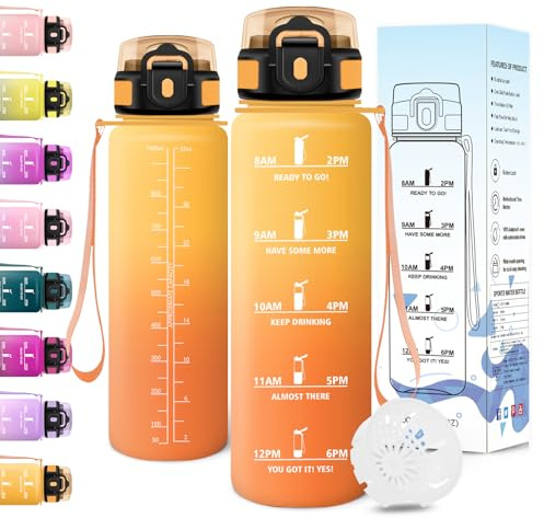 Motswedi Botella Agua 1 litro, a Prueba de Fugas, Cantimplora, Sin BPA, Botella Agua Gimnasio, con Marca de Tiempo, Botellas, Cantimplora para Gym, Bicicleta, Yoga, Oficina, Amarillo & Naranja
