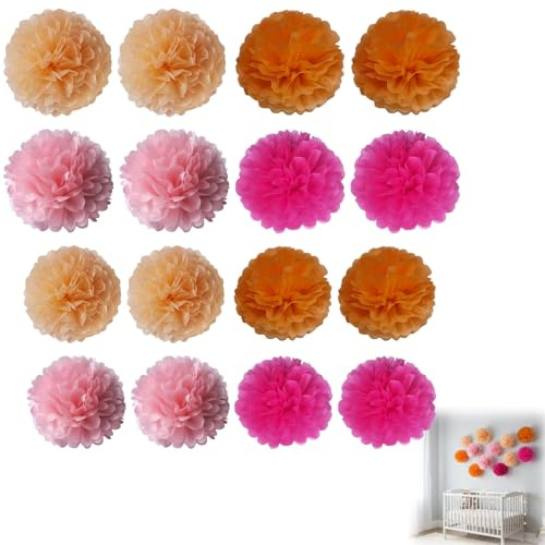 Papierblumen Deko Set 16 Stück – Bunte Pompons in Pink und Orange, 20cm und 25cm, für Party Hochzeit Geburtstag Festliche Raumdekoration