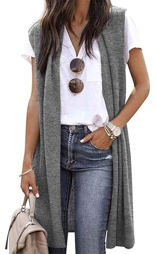 Fronage Long Cardigans for Women UK Sleeveless Lightweight Ladies Waistcoats Long Vest Jacket Coat with Pocket Grey