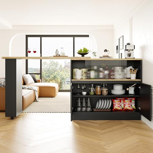 Kebnor Um 360° drehbare Essbar (Hauptkörper 90 x 45 x 100 cm), modernes, einfaches, multifunktionales, drehbares Sideboard mit Ablageflächen und Glas, geeignet für Küchen und Restaurants (schwarz)