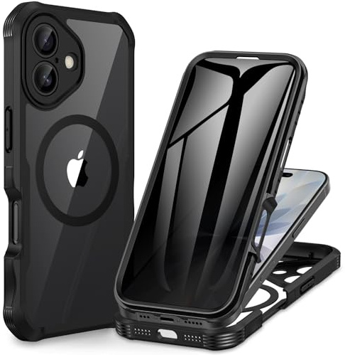 CENHUFO Magnétique Anti Espion Coque iPhone 17 [Compatible avec MagSafe] intégré 9H Verre Trempé Protection écran et Protection Caméra, 360° Antichoc Téléphone Housse Case Intégrale Etui - Noir