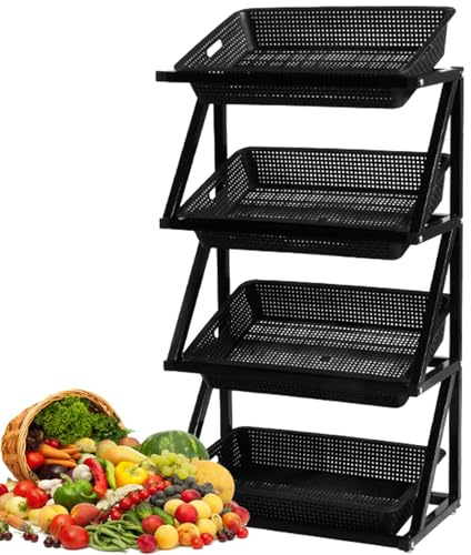 Estante de almacenamiento de frutas y verduras de 4 niveles, estante de mercado para cocina y supermercado, cesta de aperitivos, estante negro para productos frescos y comestibles