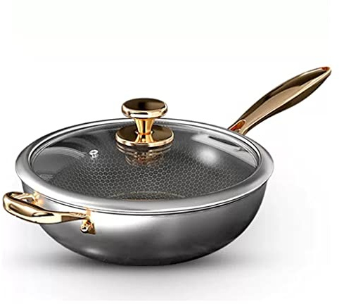 Sartén wok antibacteriana de acero inoxidable con tapa, antiadherente, resistente a los arañazos, sartén texturizada de panal para estufas eléctricas y de inducción