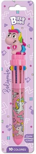 Grafoplas - Boli Colori 10 in 1 Bits&Bobs Unicorn, Inchiostro Olio Multicolore, Chiusura Retrattile con Decorazione Unicorno, Penna Scuola Ideale per Scrivere e Decorare