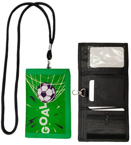 SIRLOMU Cartera Niño Triple Plegado con Llavero, Monedero Niño y Cartera Juvenil para Colgar al Cuello con Mosquetón, Regalo Escolar para Niños y Niñas, Diseño de Fútbol