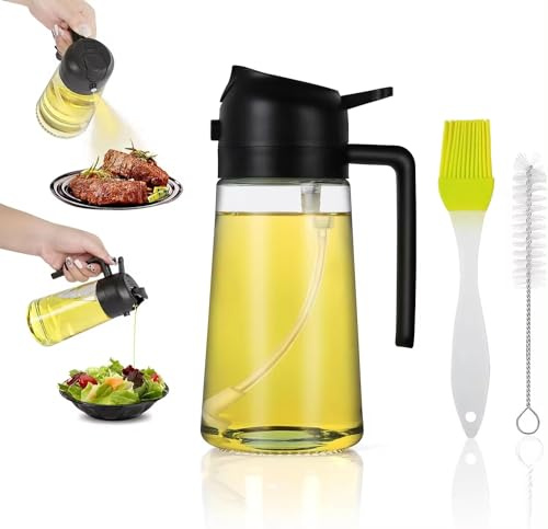 470ml Olive Oil Sprayer and Dispenser, 2-in-1 Glass Oil Mister with Spray & Pour Control, Refillable Leak-Resistant Oil Bottle for Cooking, Air Fryer, Salad, BBQ & Frying (Black).