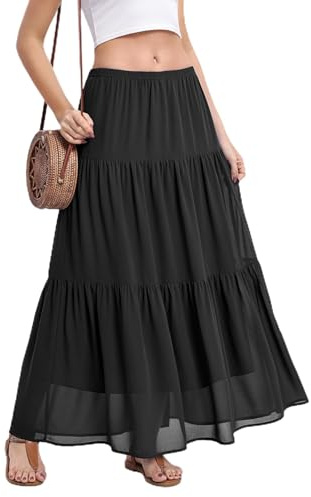 BEIGAI Gonna da donna elasticizzata a vita alta lunga maxi gonna fluida linea A Boho estiva da donna casual elegante gonna a tutta lunghezza da donna UK, Nero , M