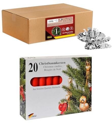 Idena 90485 - Portacandele per Albero di Natale, 20 Pezzi in Argento incl. 20 Candele per Albero in Rosso, portacandele in Metallo Vintage, con Clip per Rami Fino a 1,5 cm di Spessore