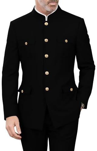 CYANDUSTY 2 Pieces Chinese Tunic Suit Men Slim Fit Stand Collar Safari Suits Black Blazer Pants Traditional Uniform Jackets Wedding Prom XXL