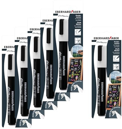 EBERHARD FABER 599050 - Set de marqueurs à craie, 6 crayons à craie blancs pour surfaces lisses, crayons pour fenêtres lavables