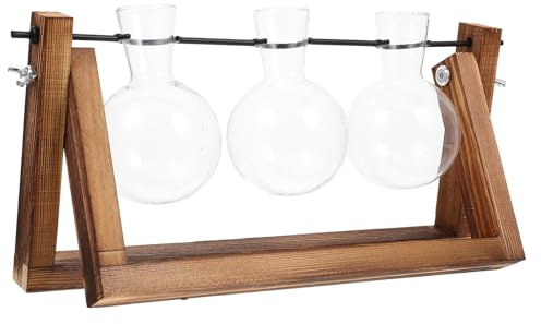 Toyvian Support en Bois et Verre pour Plantes Hydroponiques Vase à Fleurs Décoratif 3 Sphères Contenant en Verre Transparent Cadre Bois Naturel Décoration de Bureau et Maison Ornement
