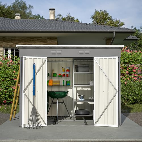 Casetta da giardino in metallo, 229 x 111 x 182 cm, resistente alle intemperie e ventilata, con fondazione, grigio, per attrezzi da giardino