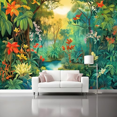 Carta da Parati Piante Tropicali Fiori Acquerello da Parati Autoadesiva, Verde Carta Adesiva Foto Murale Rotolo per Camera da Letto Soggiorno Corridoio 150 x 105 cm（WxH