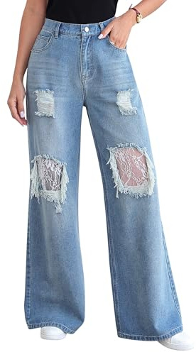 FRDOE Baggy Ripped Jeans for Women Distressed Barrel Mid Rise Straight Wide Leg Pull On Denim Pants Light Blue
