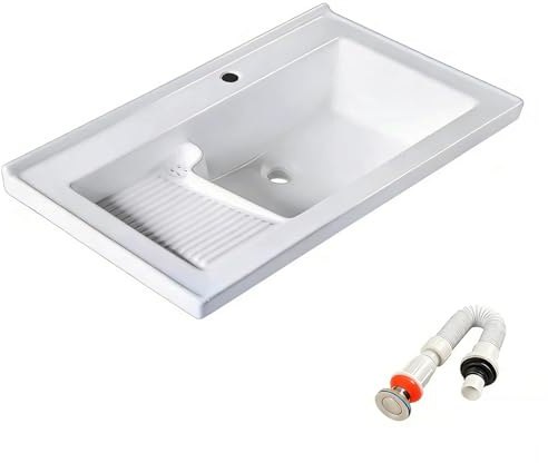 Lavabo Salle de Bain, Planche a Laver Intégrée, Conception a Double Zone, en Céramique, Vasque a Poser, pour Meuble de Salle de Bain(610mm/24in)