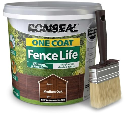 One Coat Fence Paint 5L Medium Oak – Shed & Fence Paint, Waterproof Wood Protector, Weather Resistant with 4 Brush