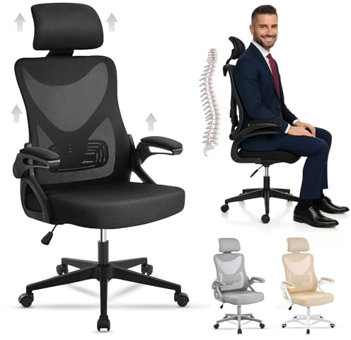 EveryKip® Silla Escritorio Ergonomica Ajustable con Reposabrazos Beige| Ruedas Anti-Arañazos | Sillas Uso Domestico con Reposacabezas | (Negro)