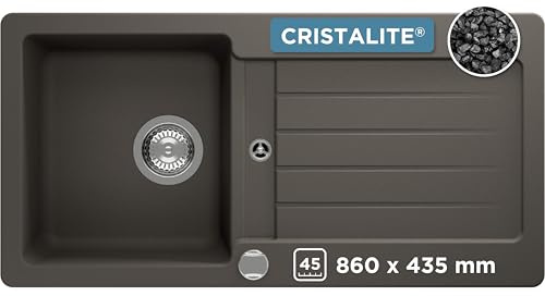 SCHOCK Küchenspüle Typos D-100S Asphalt 86x43,5 cm | Granitspüle aus CRISTALITE Grau mit Abtropffläche | Spüle für 45 cm Unterschrank | Reversible Einbauspüle | Robuste Quarzkomposit-Oberfläche