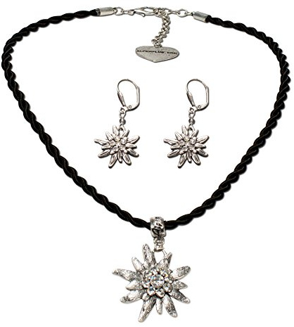 alpen susurro Traje Tradicional Juego de joyas traje regional de cordón cadena y pendientes brillantes de acero color blanco – de mujer Trachten Juego de joyas, Trachten tirolesa de cadena y Trachten