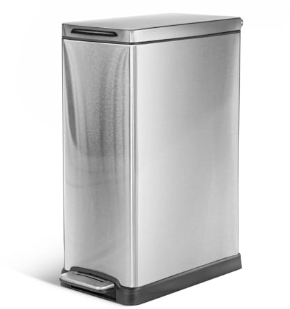 Home Zone Living 12 Gallon Slim Kitchen Trash Can with Soft Close Lid, Step Pedal, Bag Tuck Band, and Removable Liner, Stainless Steel, Silver