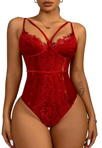 Buitifo Body Sexy pour Femme Une Pièce Babydoll Cils Teddy Lingerie Négligé en Dentelle（Rouge-S