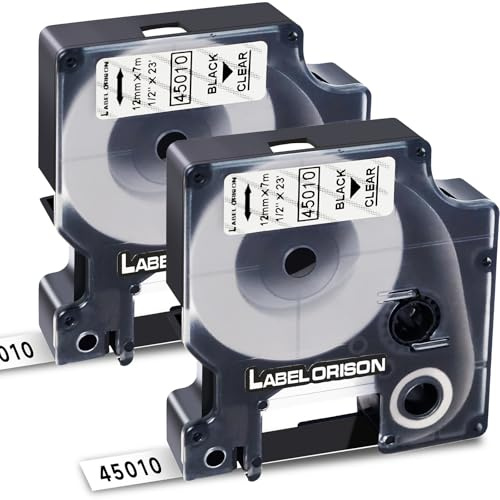 Label Orison 45010 12mm Kompatibel mit Dymo Label Maker Nachfüllpackungen für Dymo D1 Etikettenbänder, LabelManager 100 160 200 210D 280 500TS 420P 360D LabelWriter 450 Duo, Schwarz auf Klar, 2X