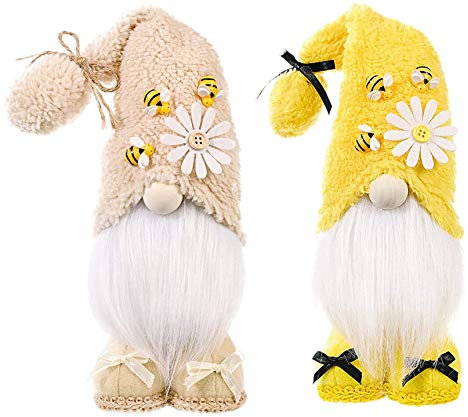 Super Idee Stehende Niedliche Bienen Wichtel Deko Süßer Zwerg Wichtel Figuren mit Blumen und Bienen und Mütze Frühlingswichtel Osterdeko Sommerdeko Ideal zur Geburtstag Party (Beige+Gelb)