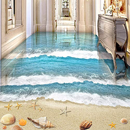 PVC Auto-Adhésif Étanche 3D Carrelage Papier Peint Autocollant Moderne Plage Mer Vague Enfants Chambre Salon Porter Des Peintures Au Sol-350 * 245cm
