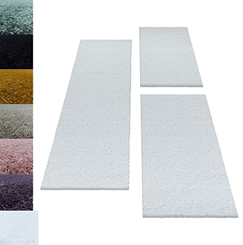Carpettex Bettumrandung Schlafzimmer 3teilig Shaggy Teppich Hochflor Einfarbig Weiss Bettset:2 mal 80x250 + 1 mal 100x200 - Bettvorleger Schlafzimmer Läufer Set Weich Flauschiger Bettumrandung Teppich