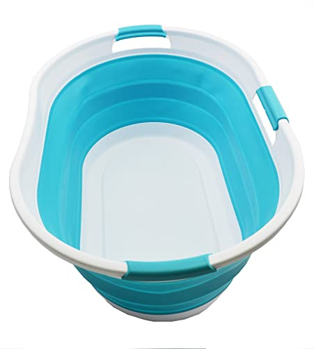 SAMMART Faltbarer Wäschekorb aus Kunststoff, 44 l, faltbarer Pop-Up-Aufbewahrungsbehälter/Organizer, tragbare Waschwanne, platzsparender Wasserkorb, Wasserkapazität: 35 l (1, Weiß/Hellblau)