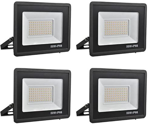 treoir LED Floodlight Security Light，50W Outdoor Spotlight 5000LM Outdoor Flood Lights，IP66 Waterproof 6000k LED Spotlight for Garden,Garage,Square,Car Park,Construction Site ect(Cold white-4pcs,50W)