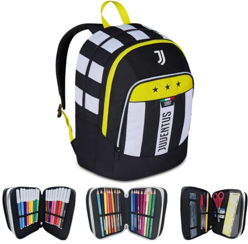 JUVE Juventus Zaino scuola multiscomparto più astuccio 3 zip omaggio bianco e nero con colori a marchio