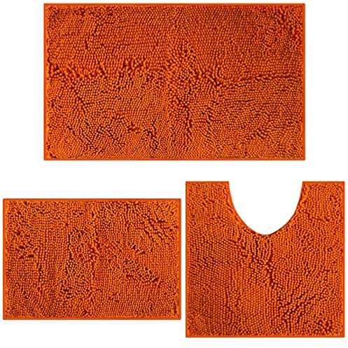 wyewye Bathroom Mat, Super Soft Chenille Bath Mat Set 3 Piece, Orange Non-Slip Mats, Absorbent Shaggy Rugs, Clean and Dry, Perfect Plush Carpets U-Shaped Toilet (rug-Orange)