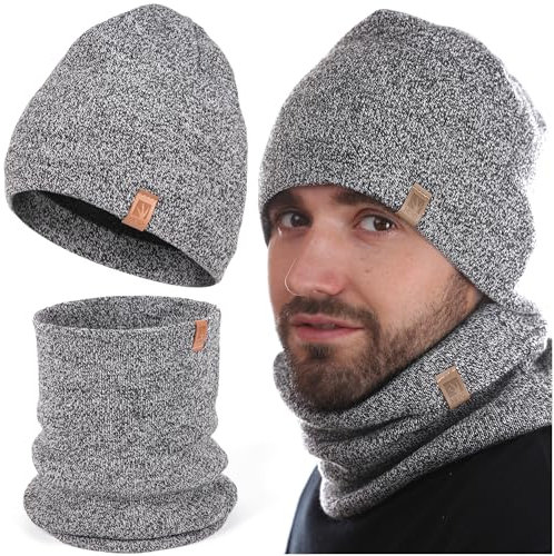 HEYO Herren Winterset Mütze Warme Strickmütze melliert Schlauchschal Rundschal Weiche Wintermütze Mit Thermo Fleece Gefüttert Loopschal Halswärmer 2er Set (Grau)