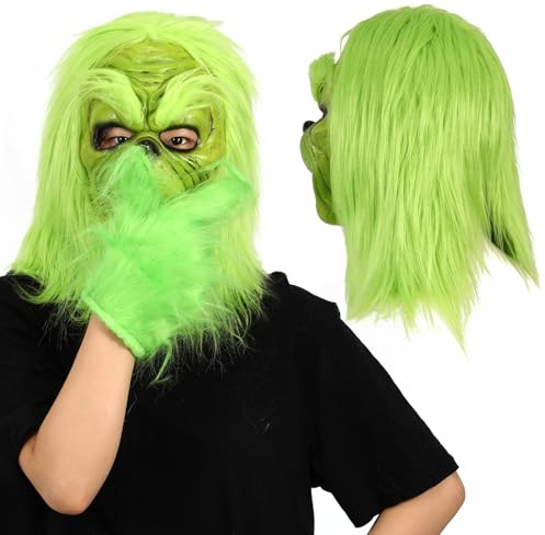 Yearsahrk Weihnachtliche Grüne Monster Maske Weihnachts Kostüm Maske mit Weihnachts Hut Funny Xmas Cosplay Party Requisiten