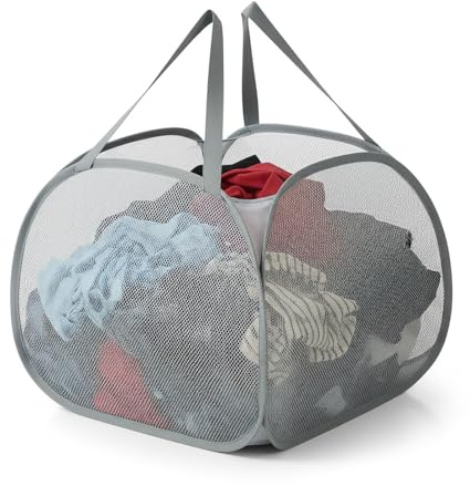 Kimmama Großer faltbarer Mesh-Wäschesack,faltbarer Pop-up-Wäschesammler mit Seitentasche,herausnehmbarer Kleideraufbewahrungskorb mit Griff für Waschküche,Studentenwohnheim,Badezimmer,Kinderzimmer,95L | Faltbar, zusammenklappbar, abnehmbar, Kleideraufbewahrungsbehälter, für Waschküche, Drom, Badezimmer, Outdoor, Würfel, Grau