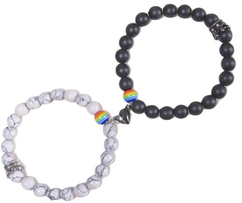 Wycian Couple Armband 2 Stück, Magnetarmband Pärchen Perlen Magnesit Kristall Weiß Schwarz Versilbert Herz-Magnet-Perlenpaare 16.7cmx8mm Naturstein Vatertag