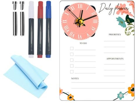 Acryl To-Do-Liste, transparentes Acryl-Whiteboard | Täglicher Planer mit 3 Markern und Uhr, leicht zu reinigen für Büro, Zuhause, Schule