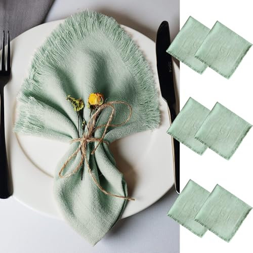 FIUHP 6 Stück Stoffservietten, 45x45cm Leinenservietten mit Fransen, Waschbar Tischservietten für Hochzeit Familienessen Partys Geburtstag und Tischdekoration (Grün)