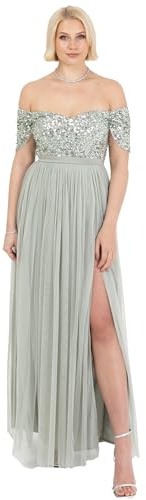 Maya Deluxe Women's Women's Ladies Maxi Dress Bardot Neckline Off Shoulder Tulle High Side Split Slit A-line Bridesmaid Wedding Guest Prom Dress (Pack of 1)