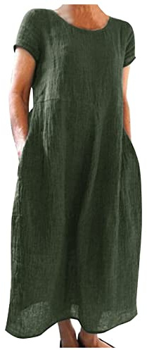 DeaAmyGline Leinenkleid Damen Sommer Lang Sommerkleid Leicht und Luftig Baumwolle Leinen Kleid Kurzarm Bequeme Locker Einfarbig Maxikleid Baumwolle Leinen Kleider Lange Freizeitkleid