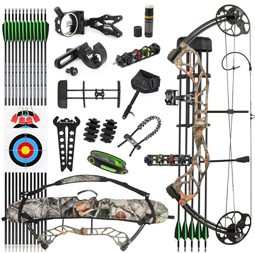 SHARROW Tiro con l'arco Set Arco Compound e Frecce 19lbs-70lbs Regolabile Adulti Arco da Caccia Arco Composto Kit 320FPS con Tutti Gli Accessori per il Tiro all'aperto (Foresta Mimetica)