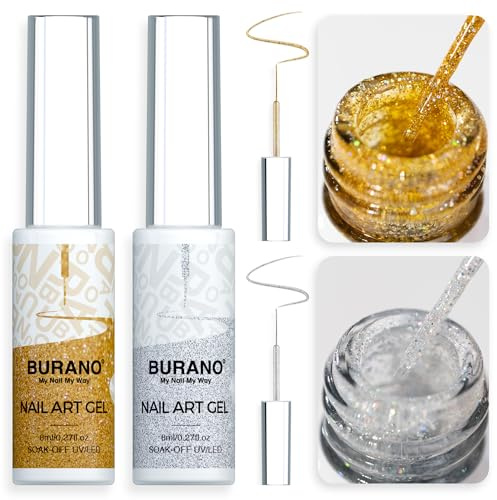 BURANO UV Nagellack, Silber Gold Farben UV Lack Gel Nägel Nageldesign 2 Flasche 8ml Liner Nail Art, French Gelnägel Farben