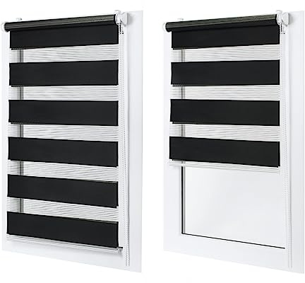Doppelrollo ohne Bohren – Sichtschutz und Sonnenschutz, Klemmfix – Schwarz, 130 cm breit (Stoffbreite) x 150 cm hoch (Fensterhöhe) – Duo Rollo für Fenster/Tür, lichtdurchlässig/verdunkelnd