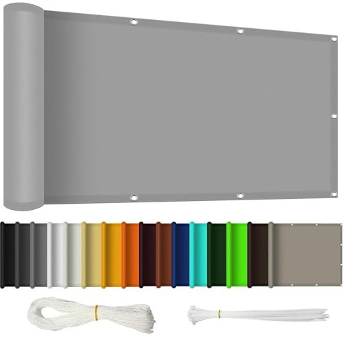 Pantalla para Balcón Impermeable 145 x 475 cm Impermeable, Protección UV Revestimiento para Balcón con Ojales Cuerda para Barandillas de Balcón, Terraza y Jardín, Gris Claro