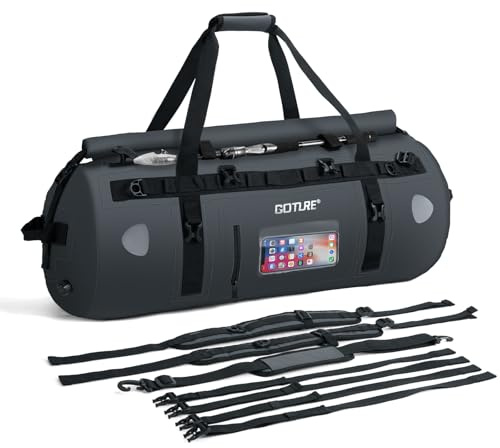 Goture Motorcycle Dry Bag - 60L Waterproof Duffle & Luggage Tail Bag Saddle Bags with Transparent Pocket,Roll Top Closure, Fishing Rod Holder, Shoulder Straps, Reflective Strips and Mesh Pocket