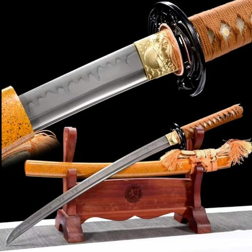 78cm Japanischer Wakizashi,T10-Stahl Klinge mit Brennender Klingenprozess,Eisen Tsuba,Holzscheide,handgefertigt Katana,Samuraischwert für Ausstellung,Dekoration,Cosplay,Selbstverteidigung,Festival