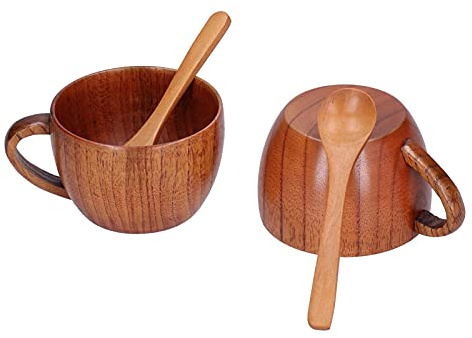 Headerbs Jarra de Cerveza de Madera Jujube, Taza de café con Leche para Bar en Casa, con Cuchara, Estilo Antiguo, de Cumpleaños Ideal