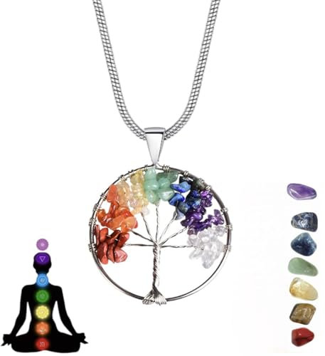 IDELUSH Collier arbre de vie avec pendentif arbre de vie 7 chakras Argenté 55 cm, Grande, Argent, 7 chakras